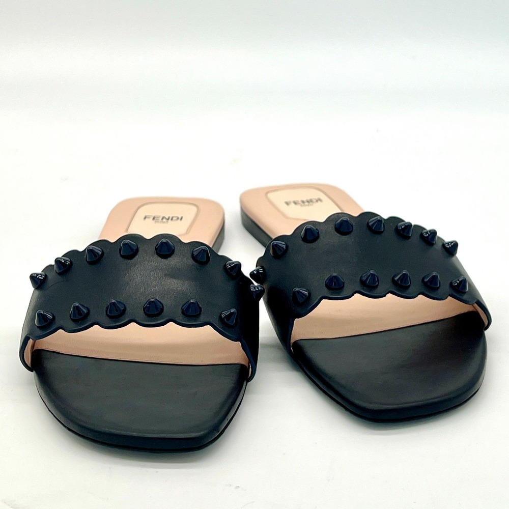 Fendi Sandalo Vitello Borchie Sz 41 Flat Studded Slide Black Navy W Bag $550 - Picture 4 of 9